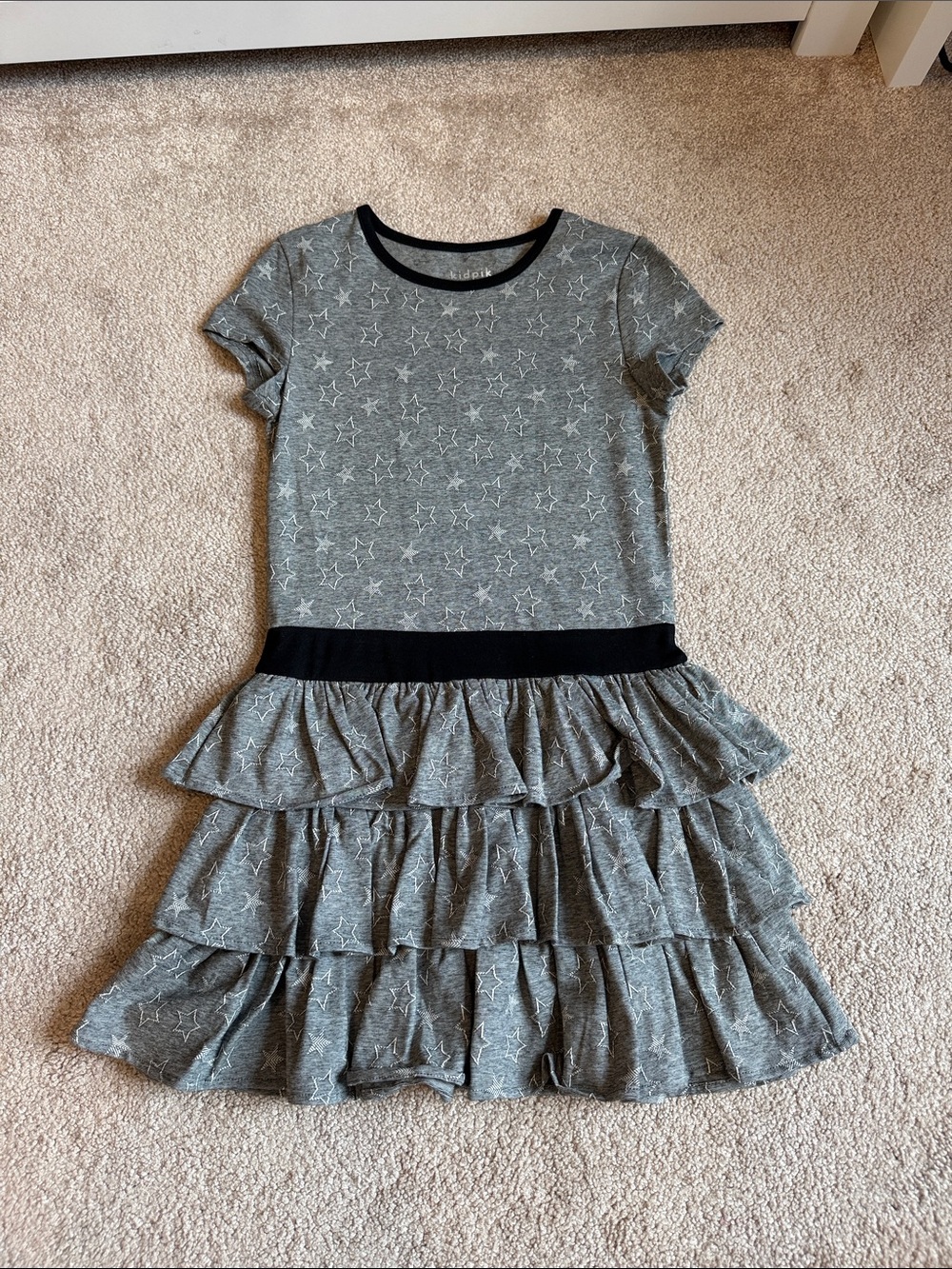 kidpik Gray Star Ruffle Tiered Dress with Black Trim